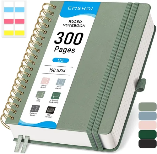 Miniatura 8 de EMSHOI Cuaderno de Espiral con Puntos para Bullet Journal - 300 Páginas, Cuero de Tapa Dura A4, Cuaderno de Cuadrícula de Puntos Gruesos de 100 GSM