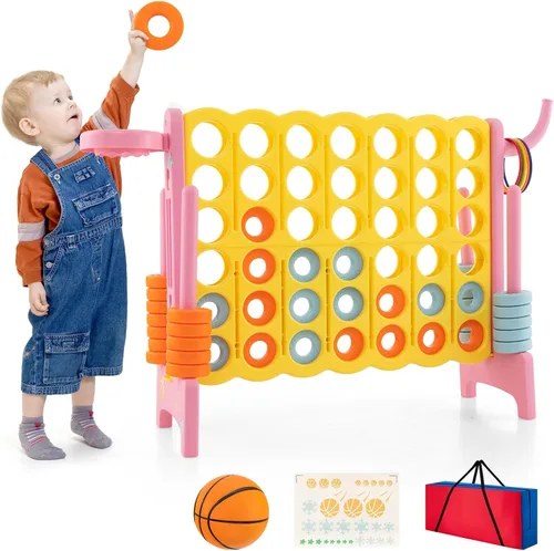 Miniatura 16 de HONEY JOY Juego gigante gigante de 4 a puntuación, 3 en 1 para interiores y exteriores, juego de patio familiar con aro de baloncesto y lanzamiento