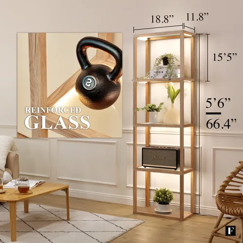 Miniatura 2 de FENLO Fantasy Plus - Estante de exhibición de lujo de 66 pulgadas con lámparas de pie LED regulables, estantes de vidrio resistentes para Madera