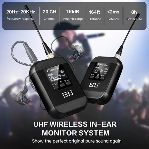Miniatura 2 de EBJ Sistema de monitor inalámbrico en el oído, monitoreo intrauditivo UHF con transmisor receptor clip, 20 canales ajustables uno a muchos