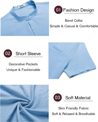 Miniatura 4 de COOFANDY Conjunto de 2 piezas de lino para hombre, camiseta Henley de manga corta y pantalones cortos de verano para la playa y yoga, Azulclaro