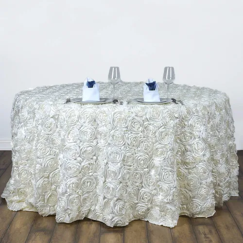 Miniatura 7 de BalsaCircle Mantel redondo con rosetas elevadas de satén blanco de 120 pulgadas, para bodas, fiestas, comedor