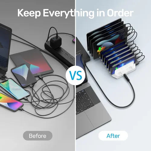 Miniatura 4 de Unitek Estación de carga múltiple, cargador USB de 10 puertos para múltiples dispositivos con tecnología SmartIC y divisores ajustables, soporte