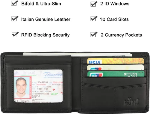 Miniatura 3 de HIMI - Cartera elegante de cuero auténtico para hombre, con bloqueo de interferencia de radiofrecuencia (RFID), con 2 ventanas para identificación