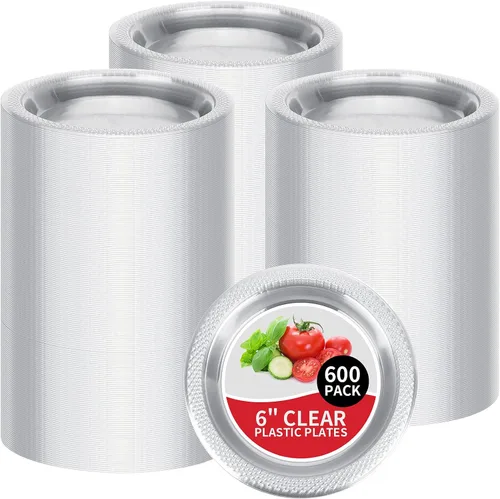 Sabary Juego de 600 platos de plástico transparente de 6 pulgadas, platos de postre de plástico a granel redondos transparentes desechables para