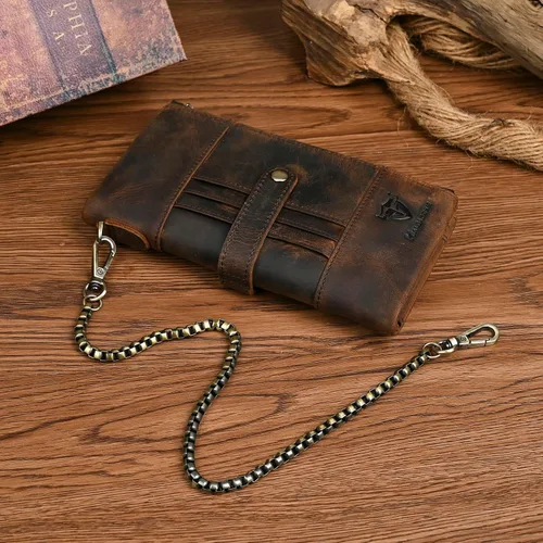 Miniatura 11 de Genuino Caballo Loco Cuero Regalo de Viaje Moneda Bolsillo Tarjetero Organizador Largo Cadena Rfid Cartera Monedero Con Broche Para Hombres Hombres