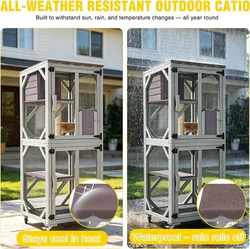 Miniatura 8 de Aivituvin Catio - Caja para gatos con ruedas, casa para gatos al aire libre con techo resistente a la intemperie, 3 plataformas, jaula portátil
