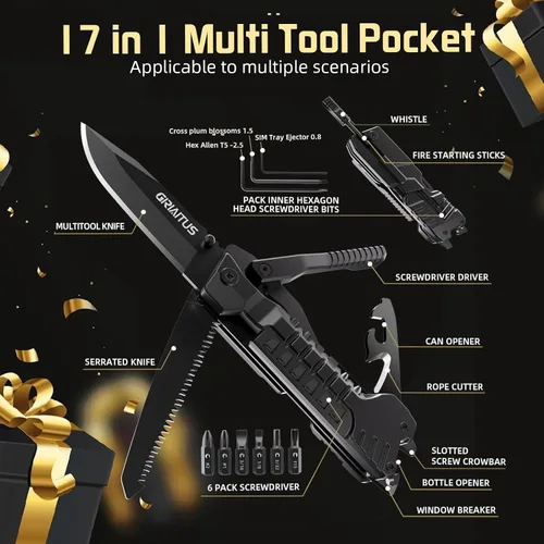 Miniatura 3 de Regalos de multiherramienta para hombres, rellenos de calcetines de Navidad para papá de hija e hijo, cuchillo multiherramienta 17 en 1 EDC,