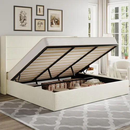 Miniatura 29 de Allewie Cama de Almacenamiento Elevable Tamaño Completo, Cabecero Capitonado con Botones con Respaldo de Ala, Soporte Hidráulico, No Necesita Gris