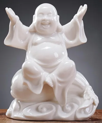QINLANG Pequeña estatua de Buda riendo blanca de cerámica para buena suerte, estatua de Buda feliz de la suerte sentado en bolsa de dinero para