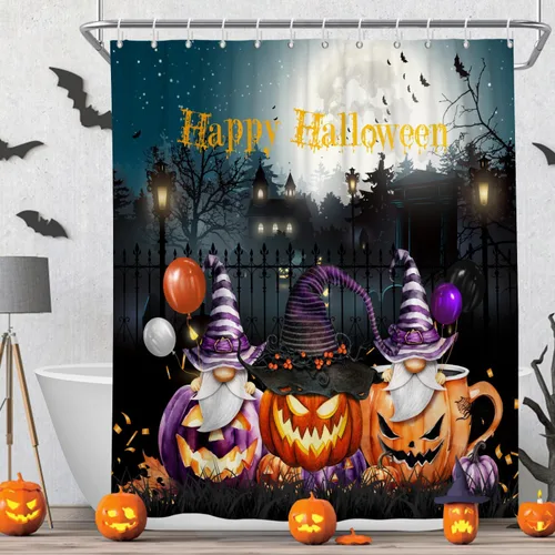 Miniatura 4 de Cortina de ducha de Halloween, calabazas aterradoras, cortinas de ducha para baño, noche de luna espeluznante, cortina de baño, casa cazada