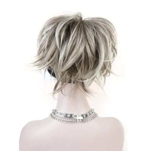 Miniatura 8 de Aimole Peluca sintética con clip de cola de caballo recta extensiones cortas de pelo gris plateado (51)
