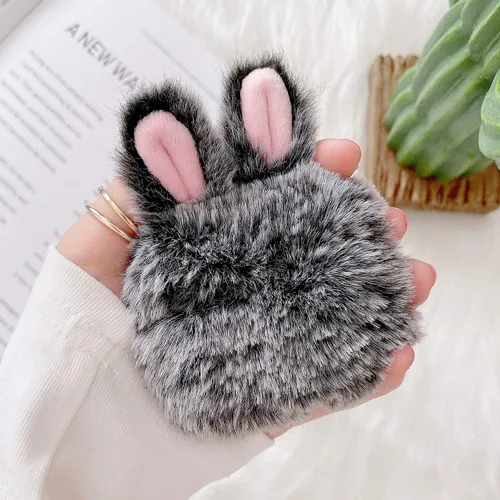 Miniatura 3 de Guppy Compatible con AirPods Pro 2 - Funda de conejo peludo para niñas, caricaturas 3D, lindas orejas de conejo, funda de transporte mullida y Gris