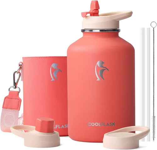 Coolflask Botella de agua de 64 onzas aislada con funda de cuero PU, botella de agua de medio galón con contraste de color y tapa con popote, jarra