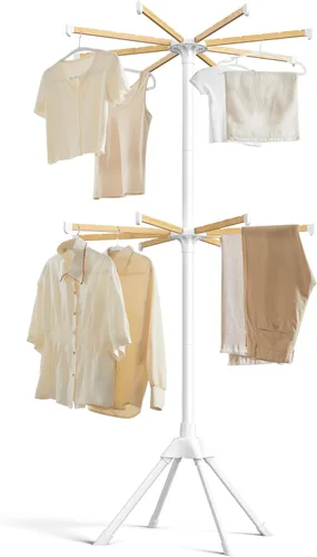 Miniatura 7 de SONGMICS Estante de secado de ropa, con varillas de bambú para colgar, estante de lavandería plegable de metal, ahorro de espacio, aireador