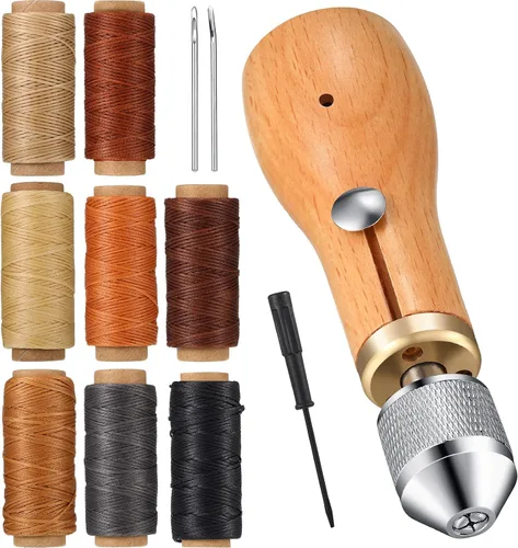WILLBOND Kit de punzón de costura de cuero de 12 piezas, incluye agujas rectas y dobladas y 8 rollos de hilos encerados con destornillador pequeño