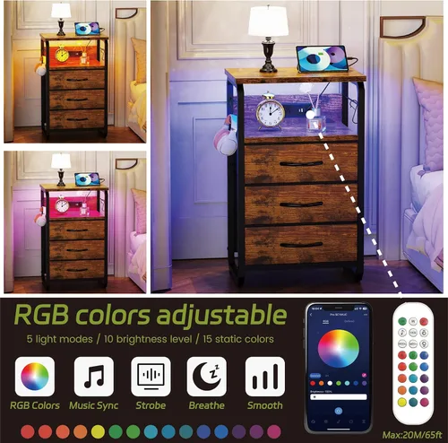 Miniatura 4 de runjuly Mesita de noche con luz, mesa auxiliar LED con cajones y estación de carga con puerto tipo C, pequeña mesa de noche con ganchos, cómoda