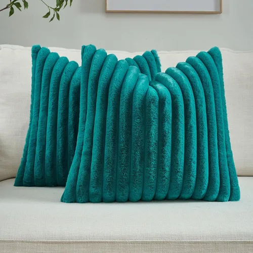 Miniatura 49 de FUTEI - Juego de 2 fundas de almohada decorativas con rayas, cuadradas, para invierno, piel sintética de conejo suave y acogedora y respaldo