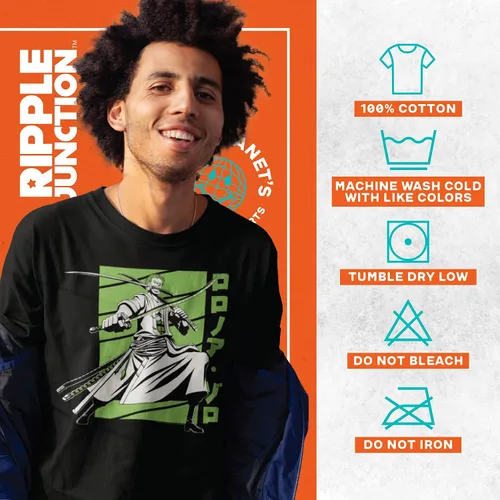 Miniatura 4 de Ripple Junction Camisa de anime Zoro de una pieza, camiseta gráfica de manga corta para hombres y mujeres con licencia oficial, forro polar verde