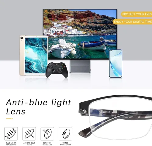 Miniatura 5 de FONHCOO - Gafas de lectura para mujeres y hombres, gafas de lectura con bloqueo de luz azul, metal, medio marco, lectores de computadora, anti Negro