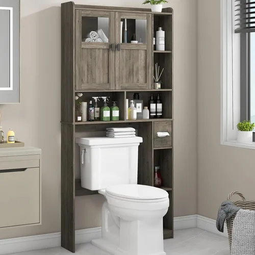 Miniatura 10 de Vabches Armario de almacenamiento sobre el inodoro con puertas dobles, soporte para papel higiénico y estante ajustable, ahorro de espacio Gris