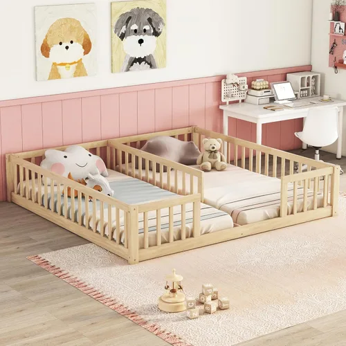Miniatura 12 de Cama de suelo para niños tamaño Queen con valla, cama de madera con puerta, barandillas en forma de valla, cama de valla para niños, fácil montaje