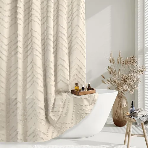 Cortina de ducha beige extralarga de 96 pulgadas, moderna y lindo estilo rústico, bohemio chic, con capitoné, rayas texturizadas, minimalista, de
