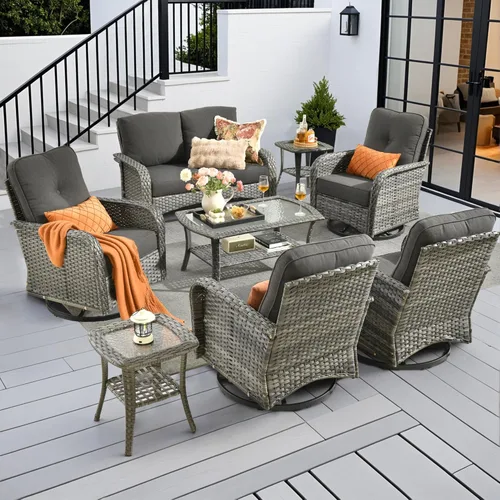 Miniatura 22 de CAODOC Juego de muebles de mimbre para patio, 4 piezas, para todo tipo de clima, sofá biplaza y mesa para patio trasero, balcón y terraza
