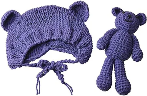 Miniatura 6 de Accesorios para fotografías de bebés recién nacidos, gorro de lana y muñecos de oso Gris