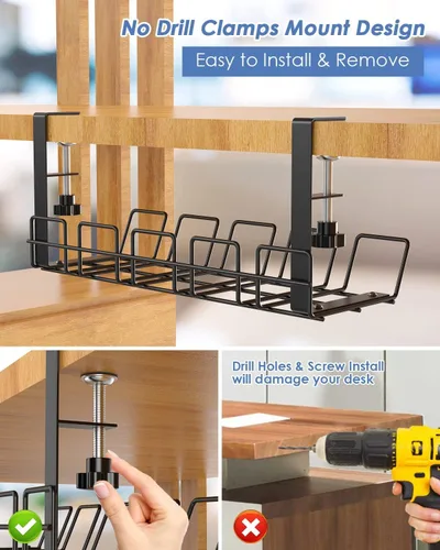 Miniatura 3 de Organizador de cables negro para debajo del escritorio, bandeja de gestión de cables de acero resistente para debajo del escritorio, organizador