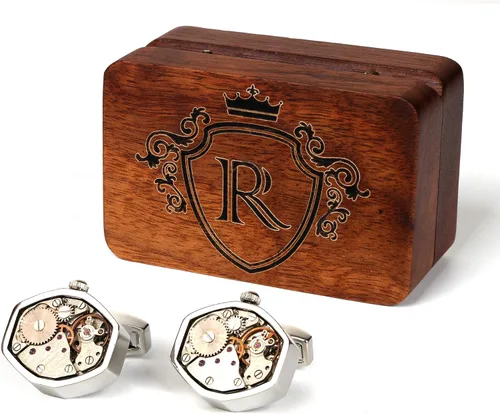 Gemelos para hombre, con forma de movimiento, gemelos plateados con caja de madera de nogal inicial para marido, novio, novio, novio, novio, boda