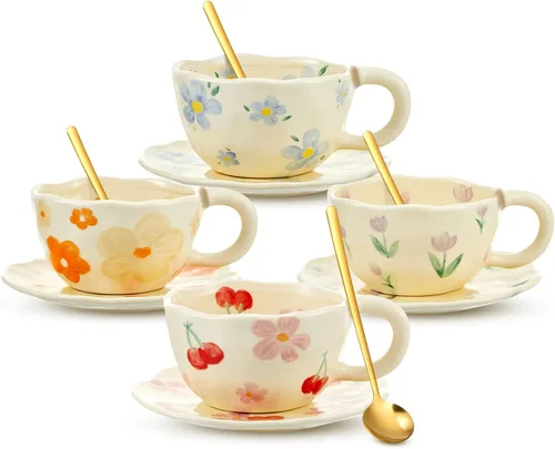 Miniatura 7 de Vesici 1 juego de tazas de café de cerámica con platillo y cuchara, bonitos regalos para el día de la madre para mamá, 8.5 onzas, taza de té floral