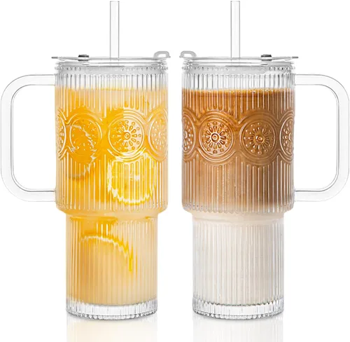 Miniatura 11 de INSETLAN Vaso de vidrio acanalado de 24 onzas con asa y tapa, paquete de 2 tazas grandes para café helado con pajitas, taza de vidrio moderna
