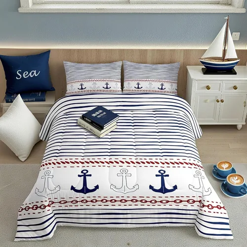 Miniatura 14 de Juego de edredón Lake House tamaño Twin, juego de ropa de cama náutica de navegación con ancla de 2 piezas para decoración de habitación de niños