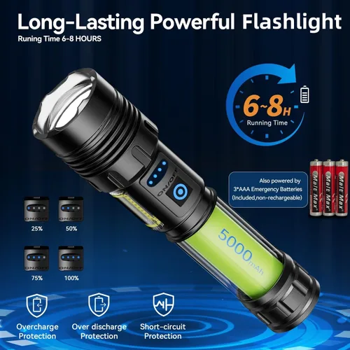 Miniatura 7 de Linterna Wohingo Recargable 2000 Altos Lúmenes IPX6 Impermeable Super Brillante con 7 Modos y Luz Lateral COB, Luz de Mano Ampliable Más Brillante