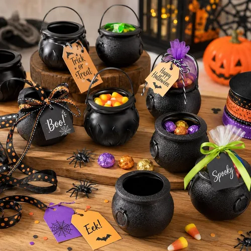 Miniatura 4 de LUOZZY 24pcs mini caldero de caramelo caldero Halloween caramelo cubo con mango decoración de fiesta de Halloween