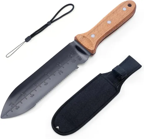 YANG Hori Hori - Cuchillo de jardín, cuchillo de jardinería de acero inoxidable de 7 pulgadas con funda de tela Oxford, mango de madera de haya de