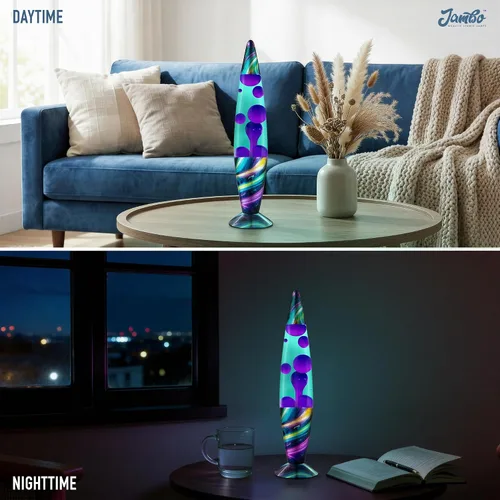 Miniatura 9 de JAMBO Hermosa lámpara de 16 pulgadas, verde azulado con cera morada, crepúsculo neón, luz líquida relajante, luz nocturna, decoración del hogar