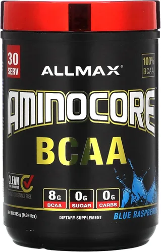 ALLMAX Nutrition AMINOCORE BCAA en polvo, 0.29oz de aminoácidos, bebida de recuperación intra y después del entrenamiento, sin gluten, frambuesa