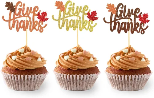 Miniatura 7 de 24 adornos de otoño para cupcakes para decoración del día de Acción de Gracias, lazo con purpurina para pasteles Thankful Blessed Grateful