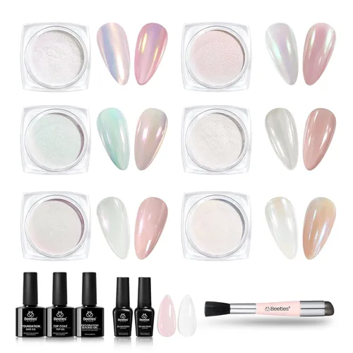 Miniatura 12 de Beetles Polvo Cromado para Uñas 2 Frascos Blanco y Púrpura Perla Cromer Polvo Cromado para Uñas para Gel Efecto Espejo Brillo Kit de Manicura Espejo