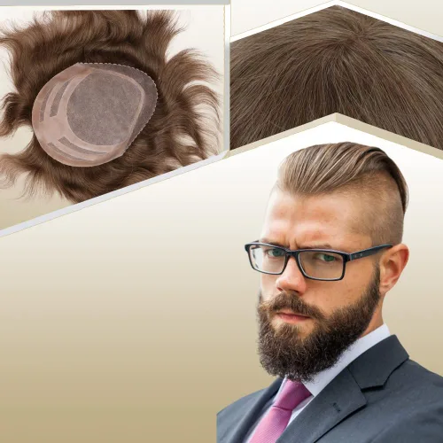 Miniatura 23 de Sistema de reemplazo de cabello humano para hombre, tupé para hombre, piel fina con parte superior de encaje mono y la parte trasera de poliuretano