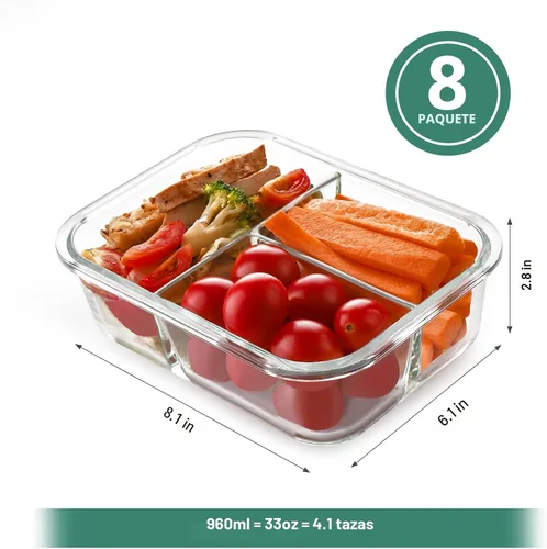 Miniatura 2 de HOMBERKING - Paquete de 8 contenedores de vidrio para preparación de comidas, 3 compartimentos, contenedores de vidrio para almacenamiento