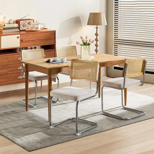 Miniatura 17 de Juego de 2 sillas de comedor de ratán, sillas de comedor modernas tapizadas de mediados de siglo con respaldo de caña, sillas de cocina de Beige