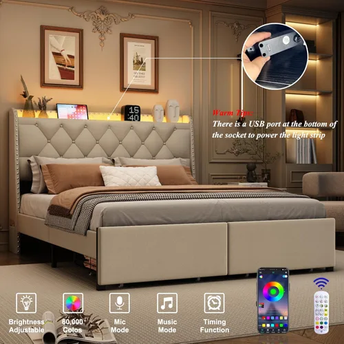 Miniatura 3 de Base de cama tamaño queen con cabecera de almacenamiento y 2 cajones, base de cama tapizada con botones capitoné, luces LED y estación de carga,