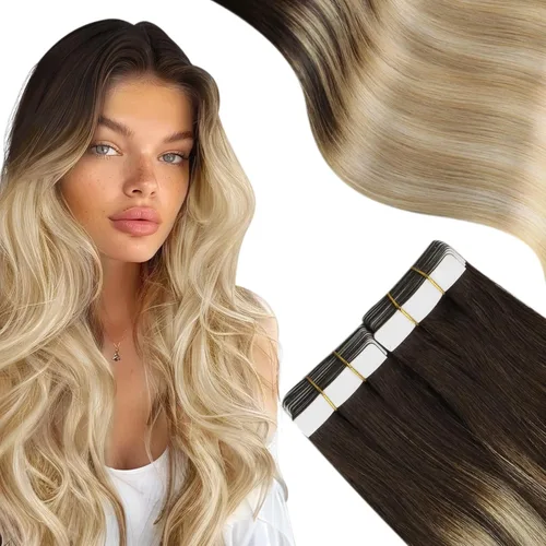 Miniatura 15 de Moresoo Extensiones adhesivas de cabello humano degradado, balayage, mezcla de marrón oscuro con extensiones de color marrón medio, extensiones