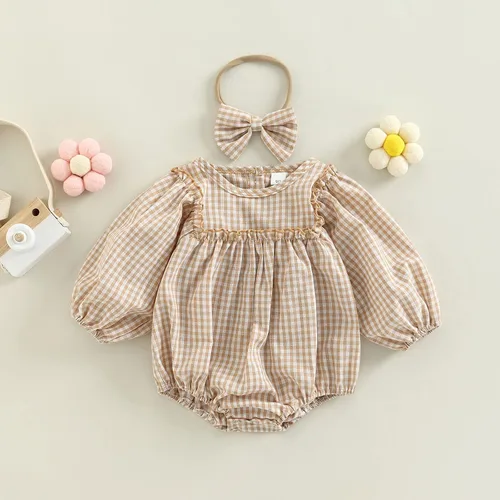 Miniatura 2 de Douhoow Mameluco a cuadros para bebé niña, sudadera con volantes, ropa para festivales de otoño e invierno con diadema
