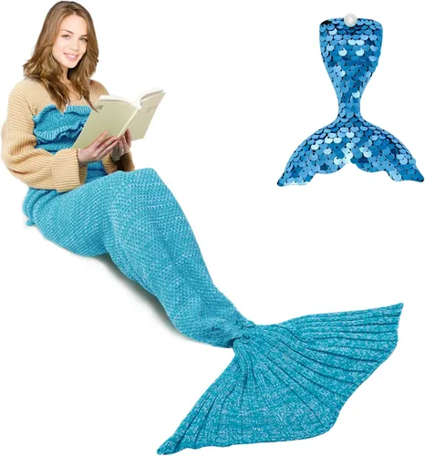 Miniatura 8 de AmyHomie Manta de cola de sirena, manta para niños, saco de dormir de sirena de ganchillo, regalo de sirena para niñas (azul claro, niños)