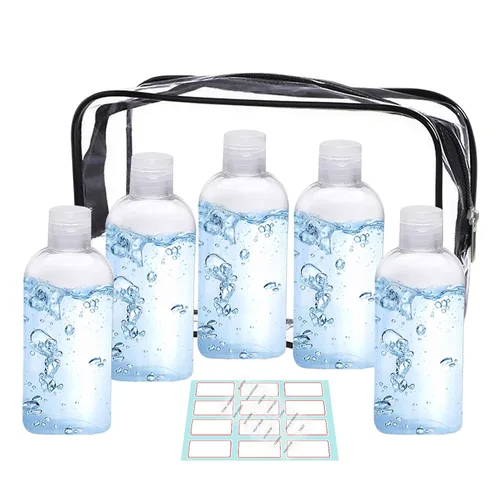 GIMS Paquete de 5 botellas de viaje de 3.4 oz con tapa abatible, aprobadas por la TSA, contenedores a prueba de fugas y bolsa de aseo transparente