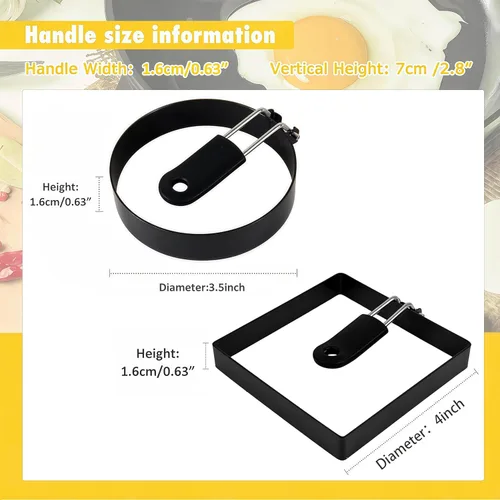 Miniatura 2 de Paquete de 4 anillos de huevo para freír huevos, redondos y cuadrados, acero inoxidable, para magdalenas inglesas, panqueques, con mango de silicona